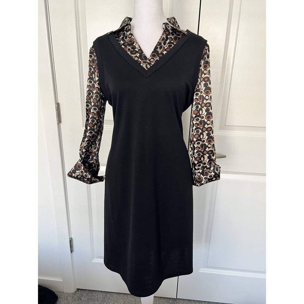 AB Studio Collared Shirt Dress Abstract Tan Brown Black Print Silky Cotton Sz 6